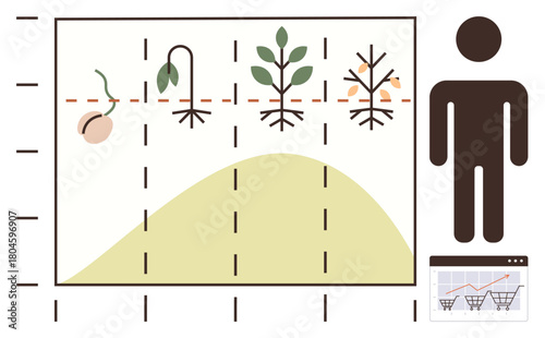 Plant stages from seed to maturity on a lifecycle graph with a human figure and analytics chart. Ideal for business growth, lifecycle analysis, farming, development, data, ecology, sustainability. A
