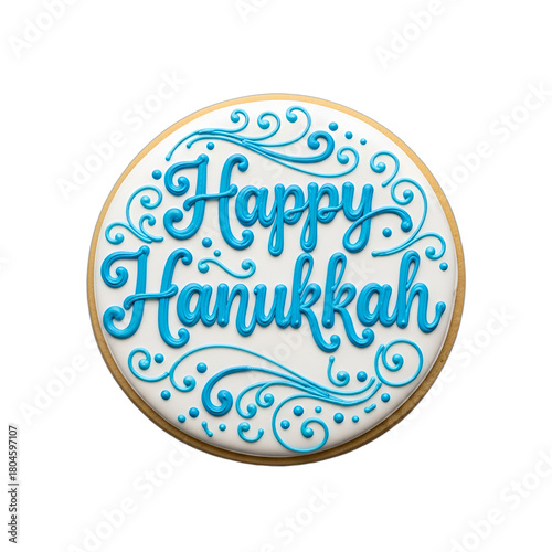 Happy Hanukkah decorated cookie, ideal for holiday greetings, festive food gifts, social media posts, and Jewish celebration event designs, isolated on white & transparent background.