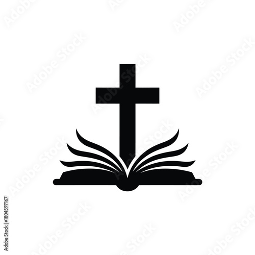 Christian cross over open bible icon symbol