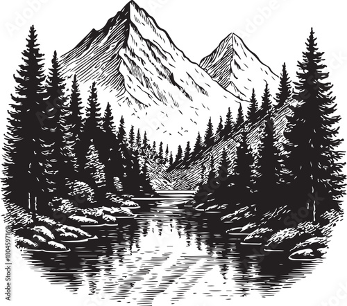 Monochrome landscape featuring mountains trees and a river with reflections in a detailed vector drawing style on a white background
