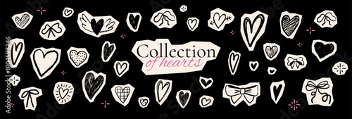 Set of torn out halftone paper drawn hearts and bows. Cut ink heart with torn edge. Crayon drawn scrapbook stickers in collage doodle style.