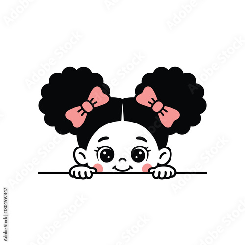 Cute cartoon girl with afro puffs and pink bows peeking over a surface
