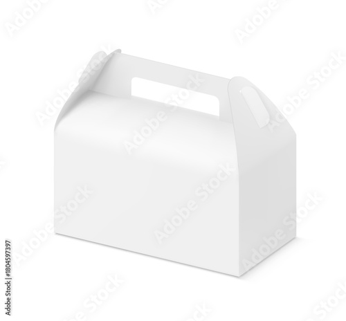 Gable box with handle for transport and sell your product mockup. Vector illustration isolated on white background. Easy to use for presentation your product, idea, promo, design. EPS10.