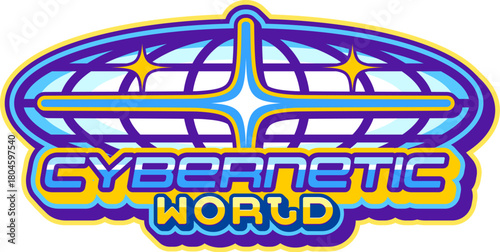 Cybernetic world globe Y2K retro icon or badge. Geography globus funky vector symbol, cybernetic technology planet globe wireframe Y2K emblem. Earth sphere mesh icon with SCI FY colorful typography