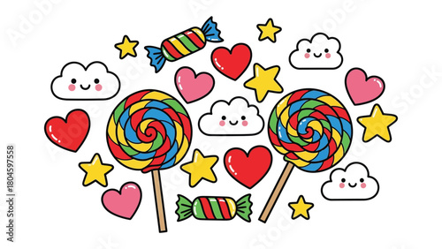 Sweet Delight: A vibrant collection of candies, lollipops, hearts, stars and smiling cloud, creating a joyful and colorful composition.