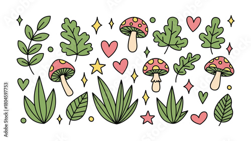  Whimsical Elements: A charming composition of playfully illustrated elements, including mushrooms, leaves, hearts and stars