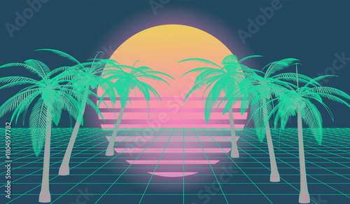 Retrofuturistic landscape with palm trees and a perspective neon laser grid. Bold Y2K-style illustration reminiscent of retro music videos and VHS vibes. 