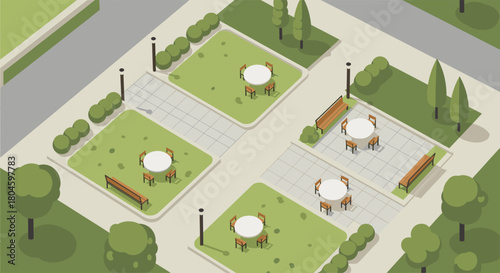 Aerial view of a charming outdoor space with tables and benches, perfect for a welcoming park or vibrant cafe seating area, inviting relaxation and conversation