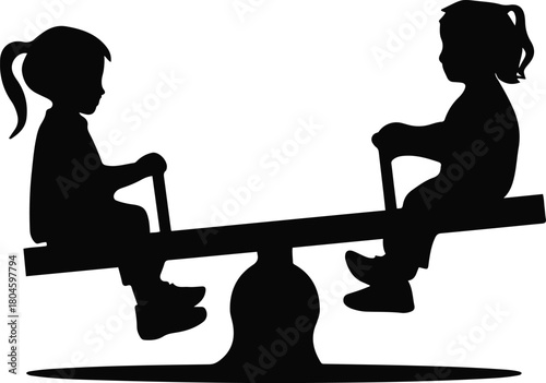 Silhouette of Two Children Playing on See-Saw Enjoying Outdoor Activities Promoting Balance Coordination and Social Interaction During Playtime