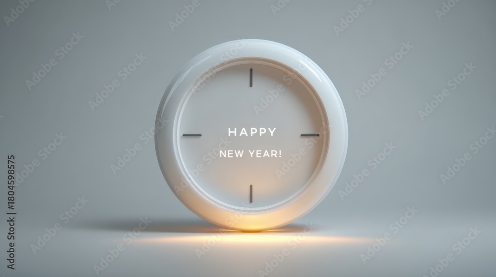Fototapeta premium Happy New Year clock design with a minimalist, modern style on a gray background