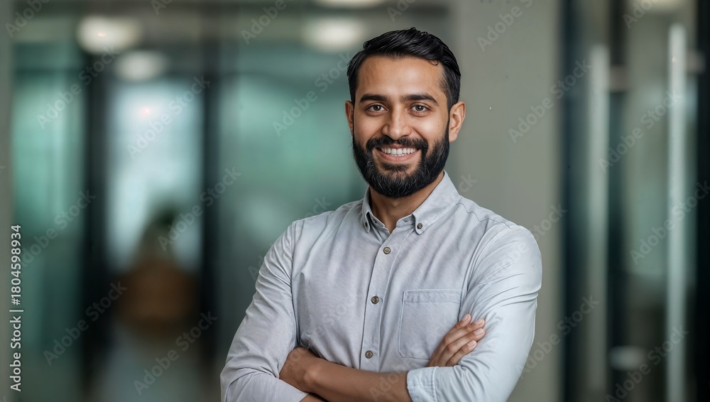 Obraz premium Confident and happy young Indian businessman standing with arms crossed in a modern office, smiling warmly at the camera.