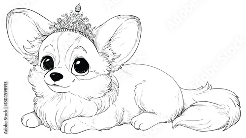 Adorable Chibi Princess Coloring Page with Cute Corgi Fantasy Image
