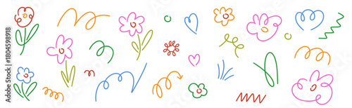 Multicolor hand-drawn scribbles and doodles in a minimalist linear style. Graphic contour funny flowers. Colorful monoline design elements