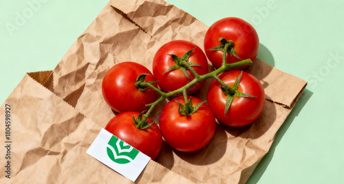 A fresh tomatoes on a paper bag.