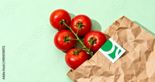 A fresh tomatoes on a paper bag.