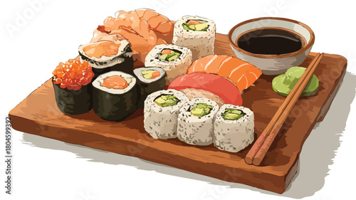 Delicious Assorted Sushi and Maki Platter Presentation on Wooden Board with Soy Sauce