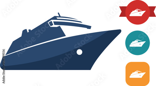 Blue cruise ship illustration with circular and ribbon icons boat watercraft