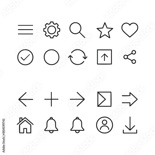 Basic UI Icons Set: Menu, Settings, Search, and Navigation Symbols