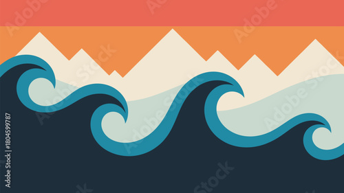 Dynamic ocean waves crash against majestic mountains under a vibrant sunset sky, creating a serene and inspiring natural landscape scene.