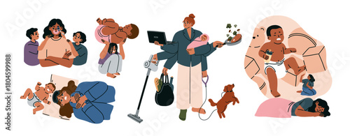 Tired mother with baby, infant, kids. Exhausted woman, mom in stress. Motherhood difficulties, problems, anxiety, postpartum depression. Flat graphic vector illustrations isolated on white background.