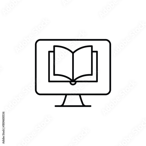 Computer screen displaying an open book icon for online learning