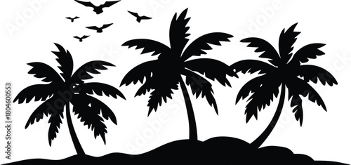 Silhouette of tropical palm trees and birds flying over a sunlit ocean horizon at sunset white background