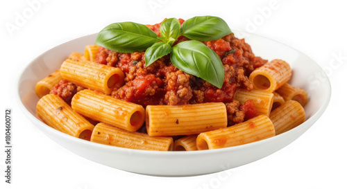 A bowl of rigatoni pasta with meat sauce and basil leaf garnish on top isolated on a transparent background