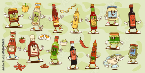 Cartoon retro groovy sauce bottles characters of cute hippie ketchup, mayonnaise and soy food condiments. Vector groovy salsa, guacamole, mustard and wasabi, bbq, ranch and tartar sauces characters