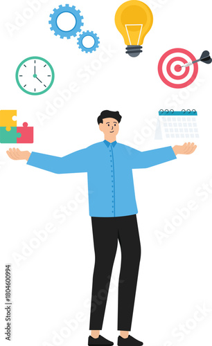 Multitasking or project management and task or work efficiency, productivity or time management and balancing work responsibilities, productive man with many hands handling multitasking work.
