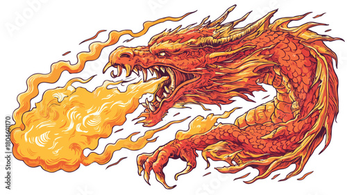 Fiery Dragon Spewing Flames Vector Illustration on White Background