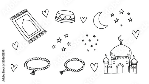 Sacred Symbols of Faith: A collection of meticulously hand-drawn illustrations depicting the sacred elements of a religious practice, including a prayer rug, a cap, moon, stars, beads and a mosque.