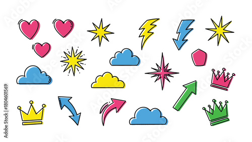 Pop Art Icon Collection: A vibrant assortment of pop art icons, featuring hearts, stars, lightning bolts, clouds, arrows, crowns, and geometric shapes, ready to infuse any design with playful energy.