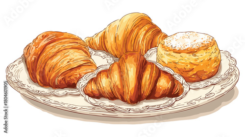 Delicious Freshly Baked Pastries on Plates Set Vector Illustration