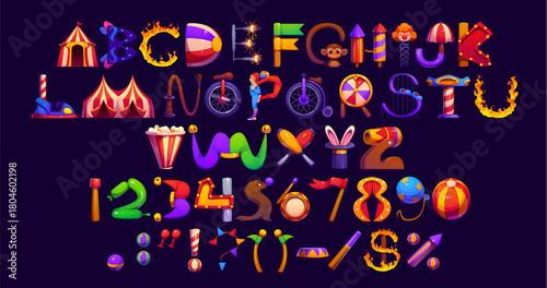 Cartoon circus font, retro carnival typeface, entertainment type, kids english alphabet vector typography. Letters and numbers font of cartoon circus tent, carnival performers and amusement park rides