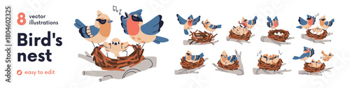 Birds family set. Nesting, building twig house, singing spring songs, feeding with worm and caring for chicks, brood, nurturing offsprings. Flat vector illustration isolated on white background.
