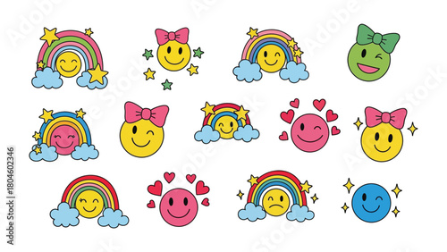 Emoticon collection: A vibrant collection of smiley faces, each with unique expressions. Smiling, winking, showing love, or a simple smile - these emoticons are full of joy and happiness. 