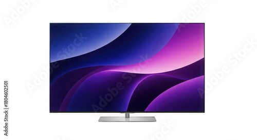 Flat screen tv displaying abstract purple and blue wave pattern art isolated on a transparent background