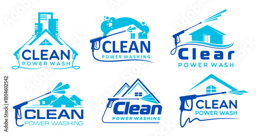 House cleaning and washing service icons. Home and commercial buildings vector silhouettes with water pressure washer gun, detergent spray, foam and bubbles. House facade washing service icons set