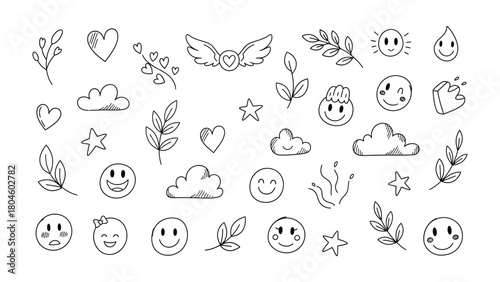 Doodle Art Elements: Whimsical illustrations, hearts, stars, smiley face, and nature motifs. A cheerful collection of delightful hand-drawn doodles.