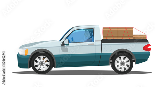 Cartoon accident of pickup car carrying boxes. Inside with driving man. With shadow on isolated white background.