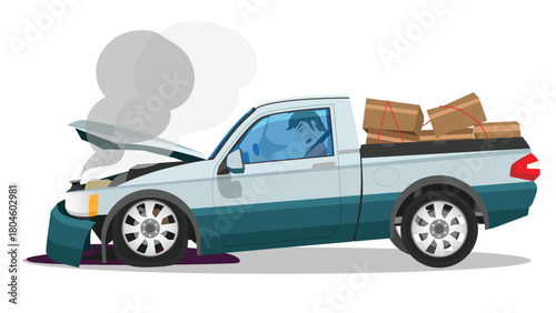 Cartoon accident of pickup car carrying boxes. Bonnet was opened and the front was severely damaged. With smoke coming out from engine the front. Oil spilling out below. Airbag deployed with driving.
