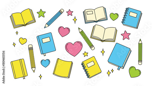Creative Arrangement of Study Tools: A charming illustration featuring open books, notebooks, pencils, and heart shapes, creating a delightful arrangement for learning, creativity, and knowledge.