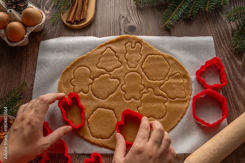 making homemade Christmas cookies on a wooden background. flat lay