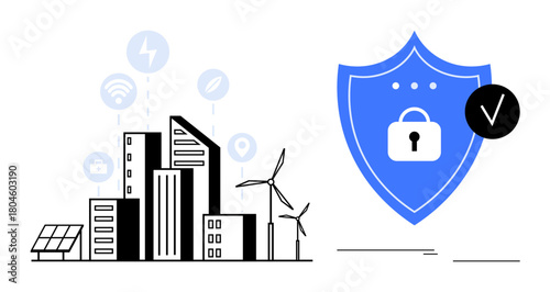 Smart cityscape with solar panels, wind turbines, and digital connection icons beside a shield with a lock and checkmark. Ideal for technology, security, sustainability, renewable energy, innovation