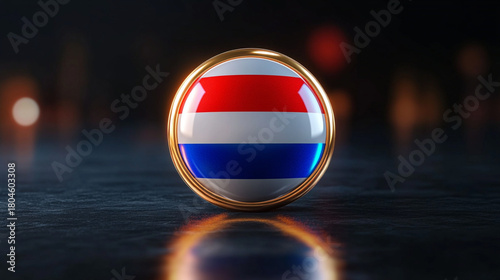 3D Render of Netherlands Flag Emblem on Glossy Sphere with Dark Bokeh Background