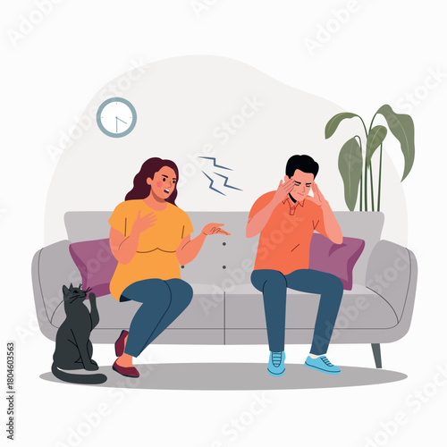 Angry woman blaming, shouting at upset man on the sofa. Flat style cartoon vector illustration.