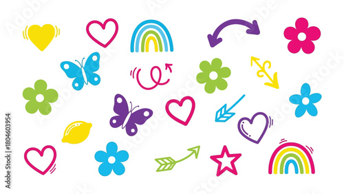 Doodle Art Collection: A vibrant assortment of hand-drawn doodles, including hearts, rainbows, flowers, arrows, and butterflies, creating a playful and colorful design. 