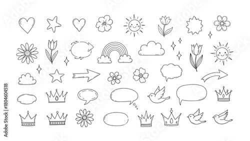 Whimsical Illustrations: A collection of charming line-art illustrations, featuring various delightful objects, ready to enhance creative projects.