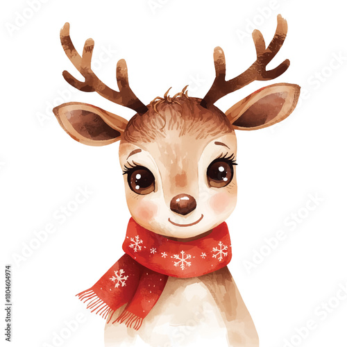 Cute Watercolor Reindeer Head in Red Snowflake Scarf Christmas