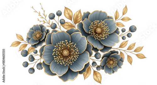 Illustration of blue flowers with gold leaves on a transparent background